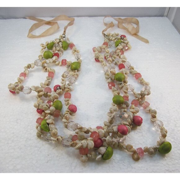 Vintage Multi Strand Shell & Bead Necklace with Ribbon Tie - Picture 3 of 15